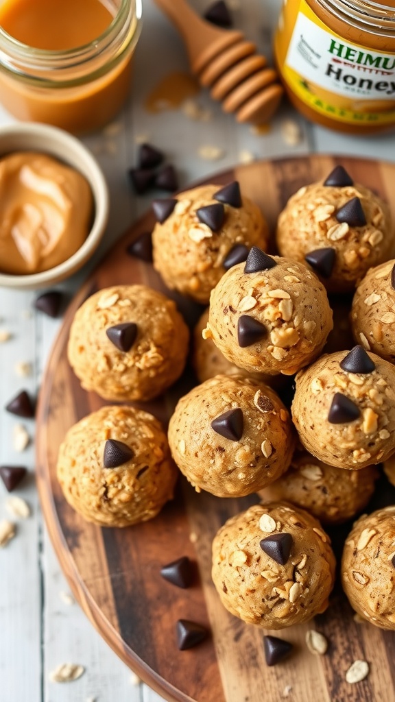 Peanut butter energy balls on a wooden board with chocolate chips and nuts, ingredients nearby.